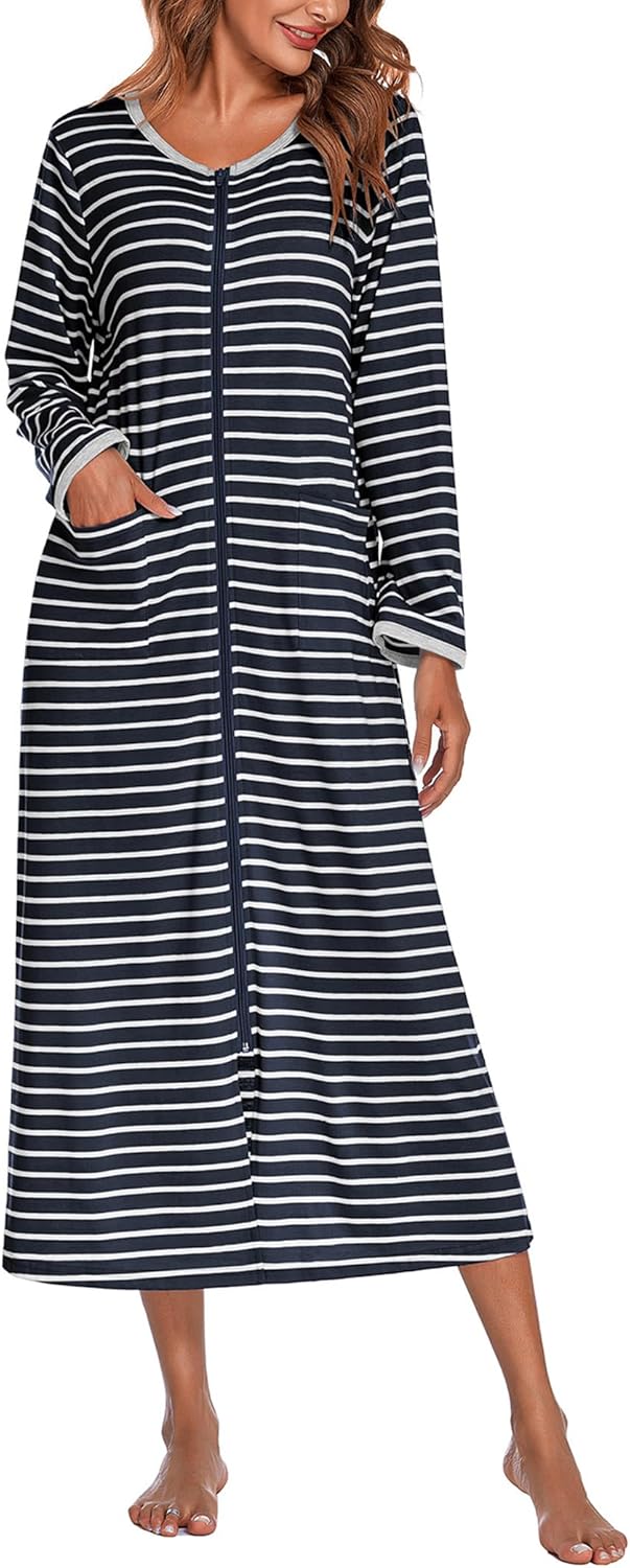 Ekouaer Women Long House Coat Zipper Front Robe with Pockets