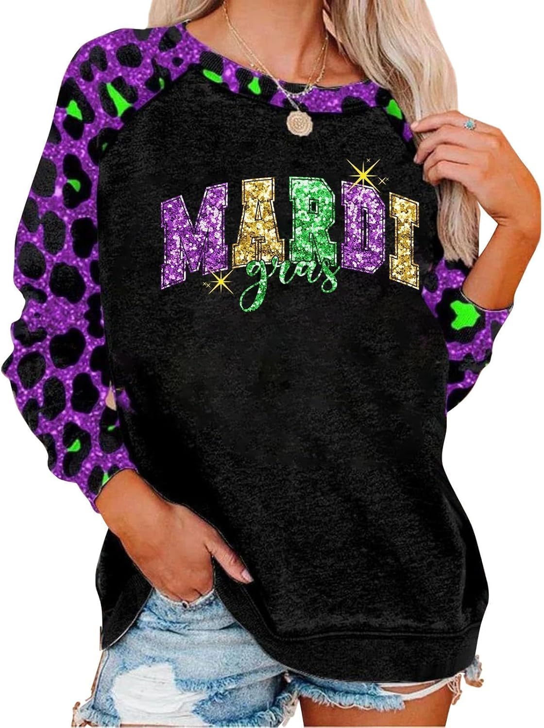 Leopard Splicing Mardi Gras Sweatshirt - Fashion Statement
