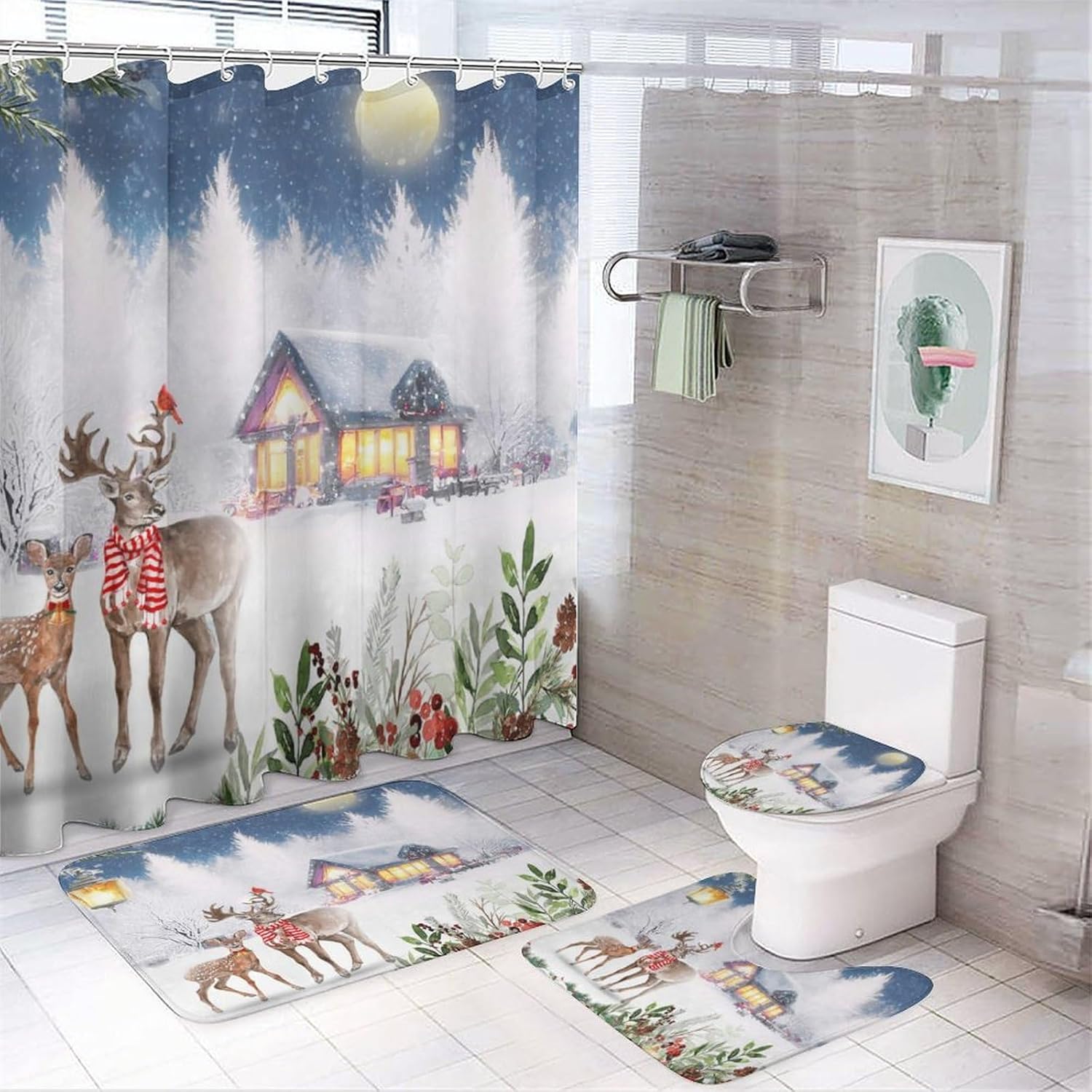 Christmas Deer Shower Curtain Set - Rustic Farmhouse Vibes