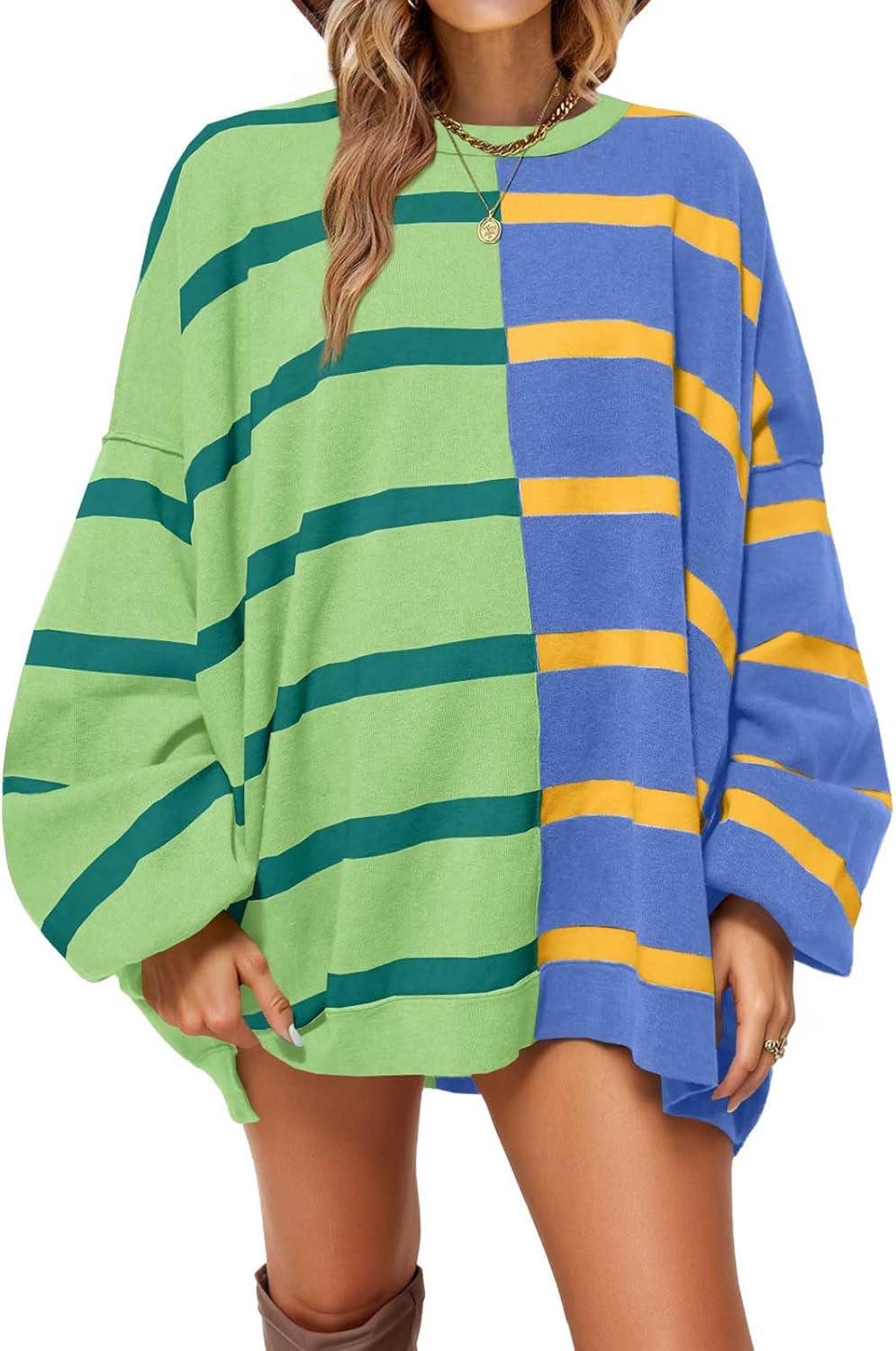 Fisoew Womens Striped Pullover Sweater for Casual Wear