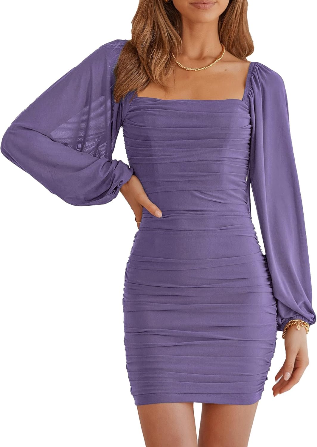 Elegant Square Neck Lantern Sleeve Mini Bodycon Dress for Women