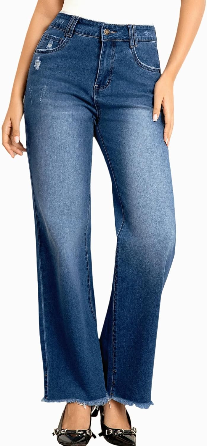 Wide Leg Jeans for Women with Mid High Waist and Raw Hem Style