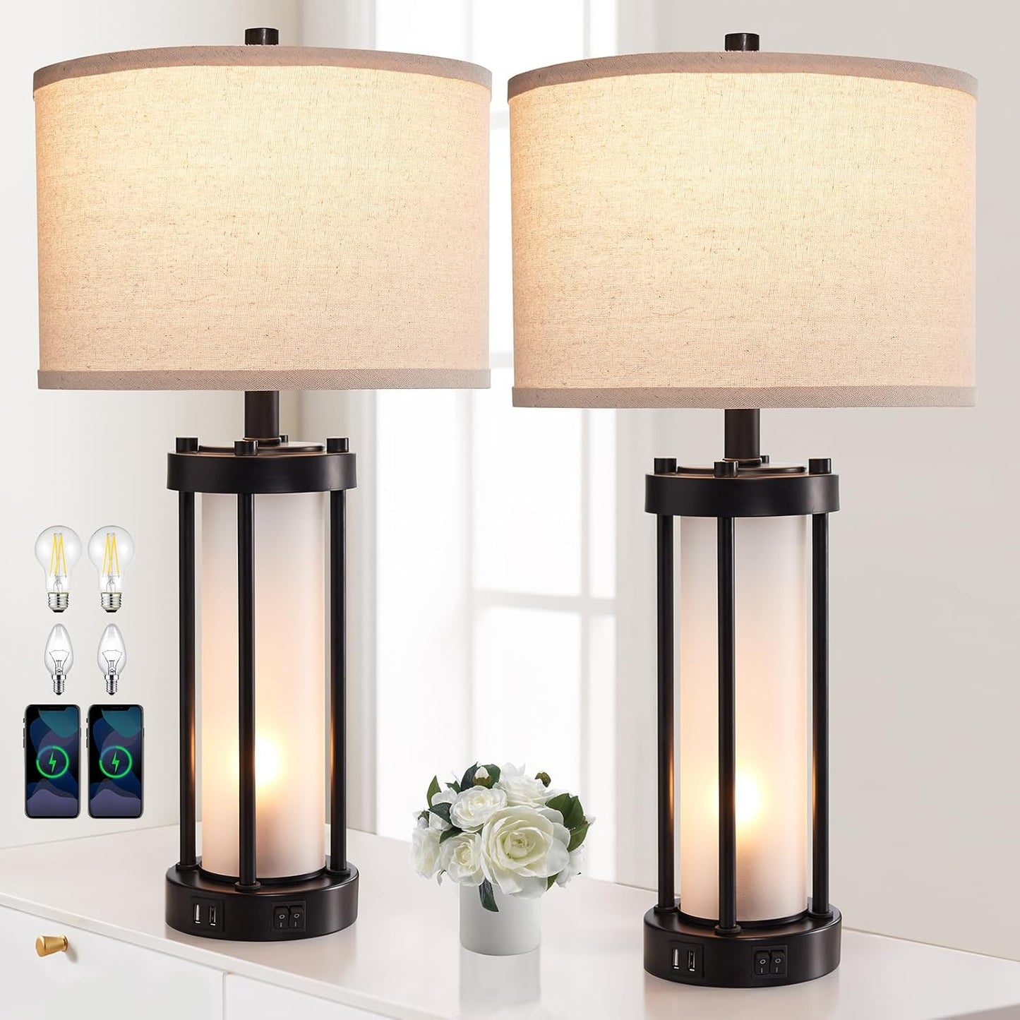 Modern Table Lamps Set of 2 with USB Ports and Bulbs Included