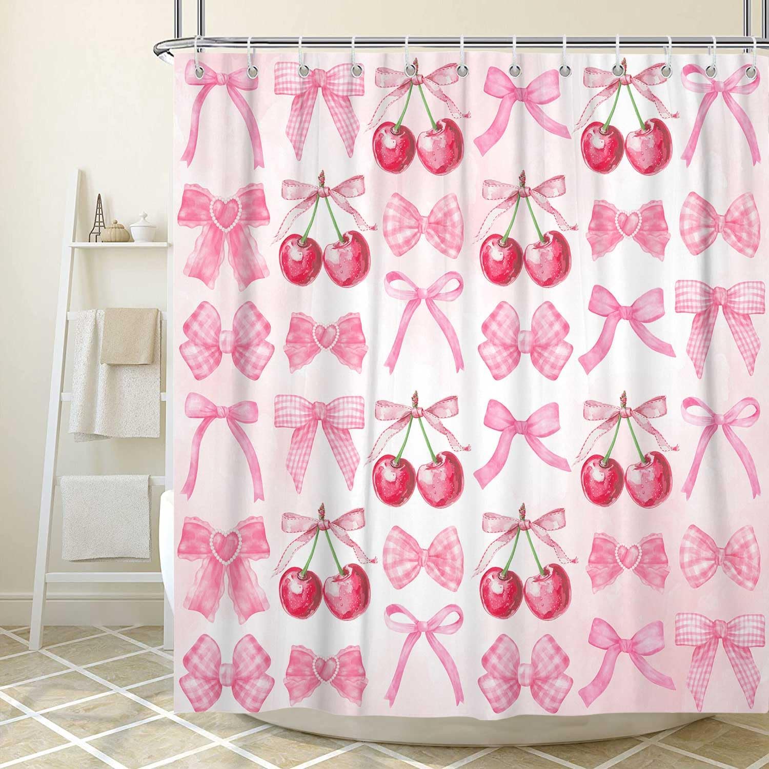 Kawaii Cherry Bow Shower Curtain Set - Cute Kid's Bathroom Decor