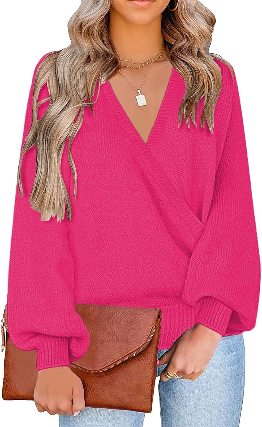 LookbookStore Women's Knit Long Sleeve Faux Wrap Sweater Top