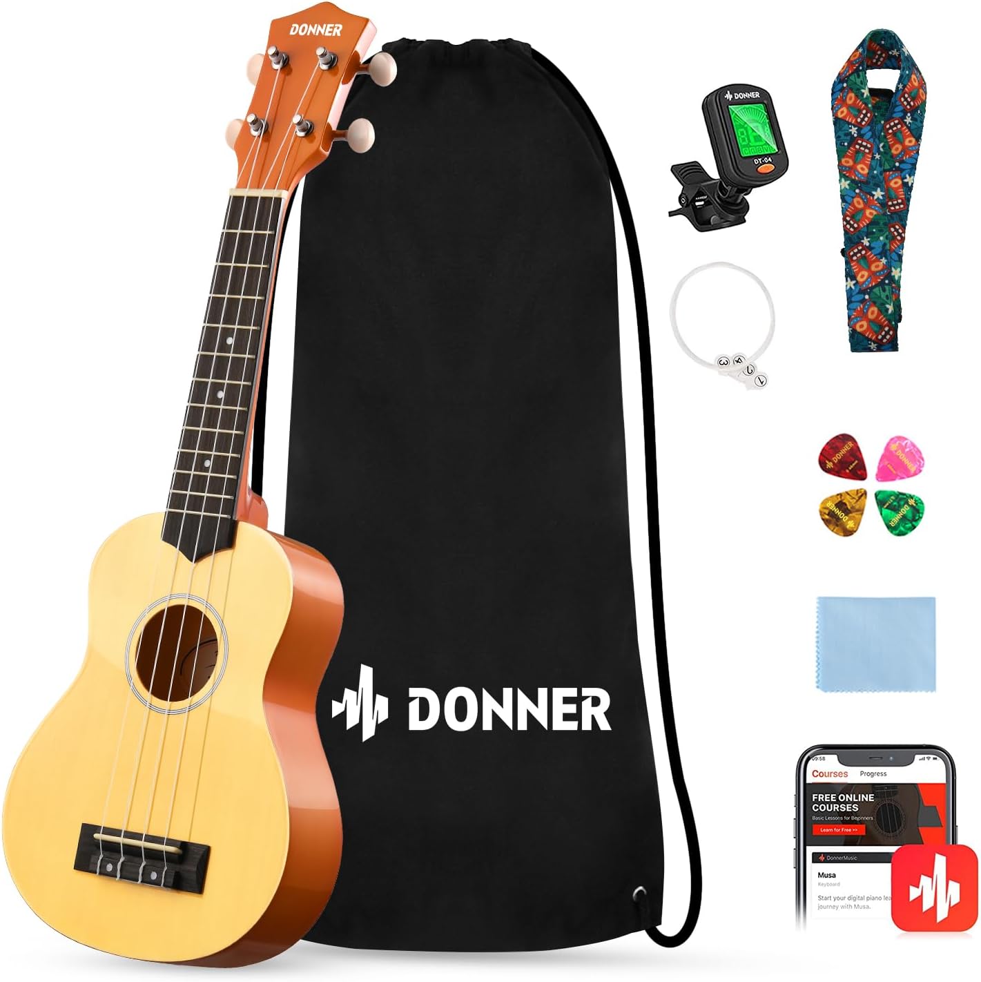 Donner Soprano Ukulele Starter Bundle Kit for Beginners