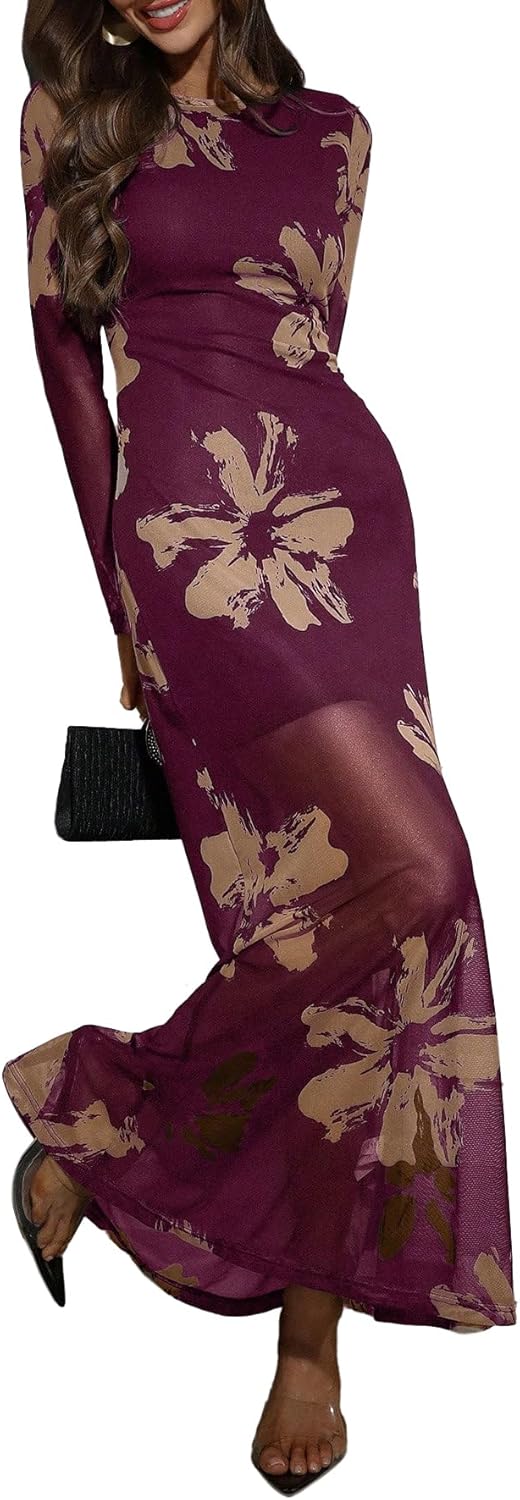 Floral Mesh Maxi Dresses for Women - Elegant Long Sleeve Style