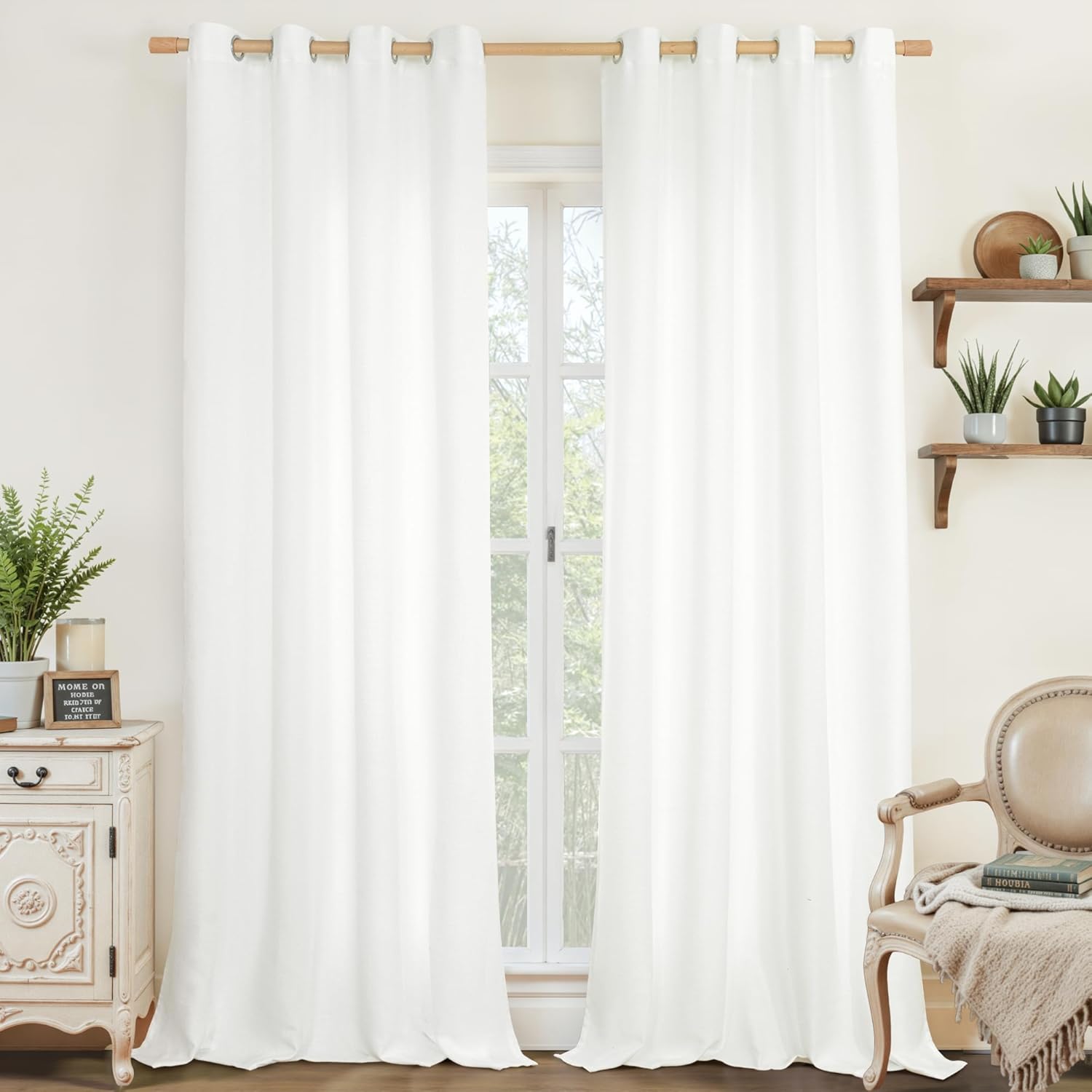 LAMIT Natural White Linen Curtains 95 inch for Elegant Home Decor