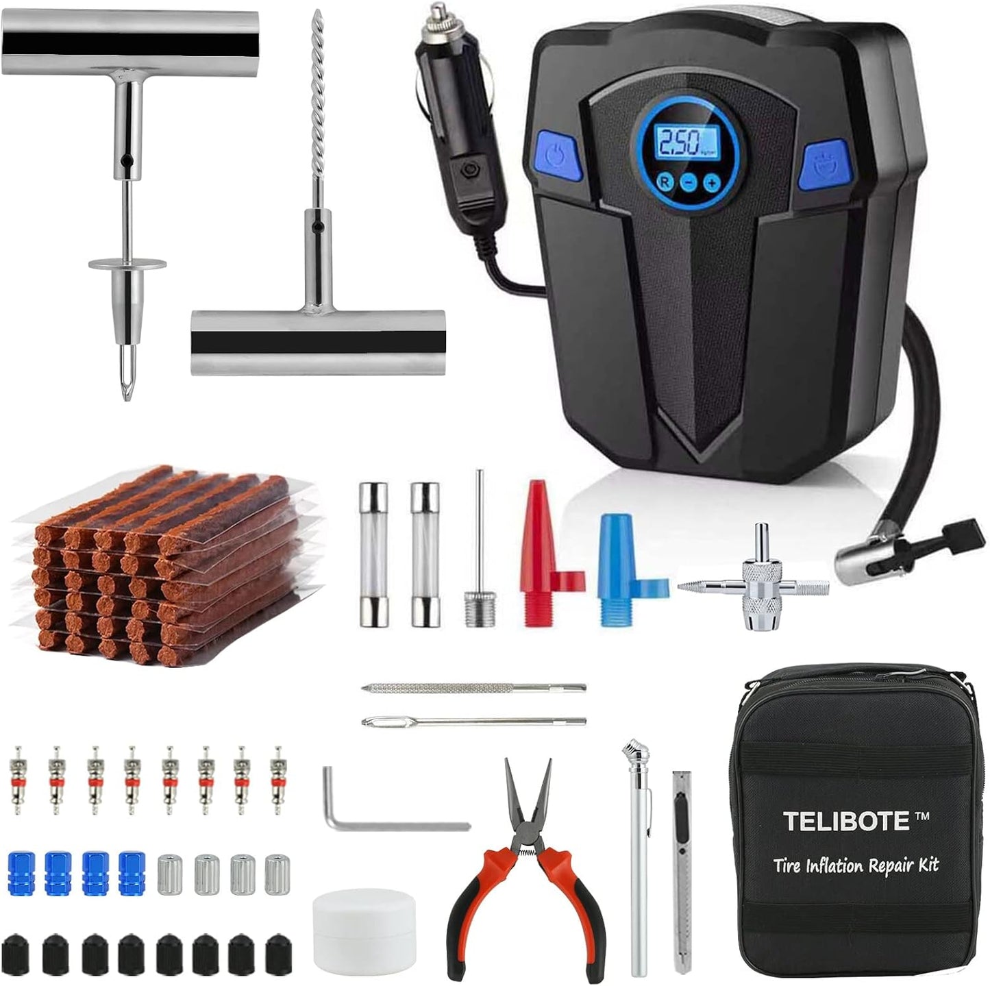 Portable Tire Repair Kit with 12V Air Pump - TILIBOTE