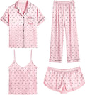 SWOMOG Womens Silk Satin Pajamas Sets 4pcs - Lightweight Sleepwear Set
