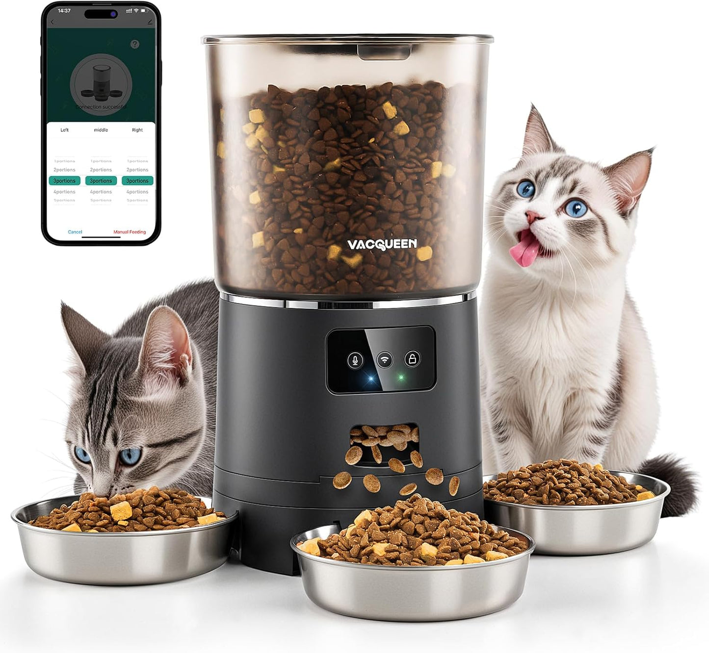 Smart WiFi Automatic Cat Feeder for 3 Cats with Voice Recorder