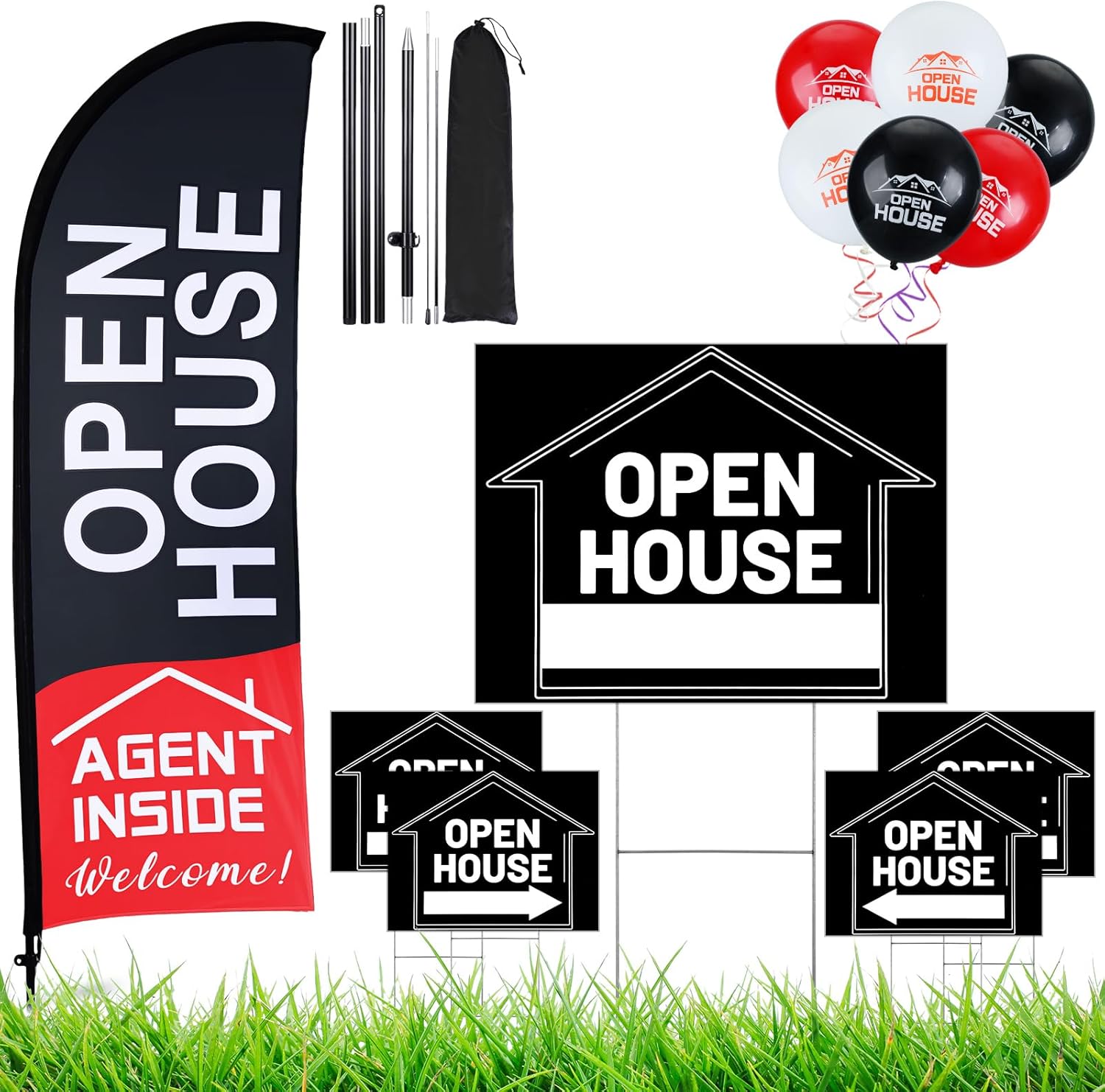 Open House Signs Set with Flag, Balloons, and Directional Arrows