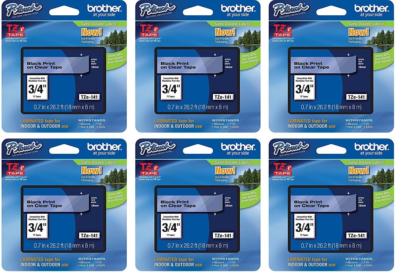 Brother Genuine P-touch TZe-141 Laminated Tape 6-Pack for Labels
