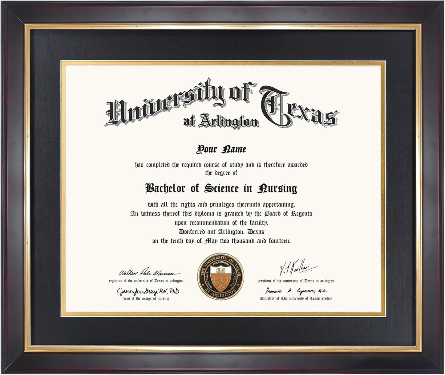 11x14 Wood Diploma Frame with Black Mat and Gold Trim Design