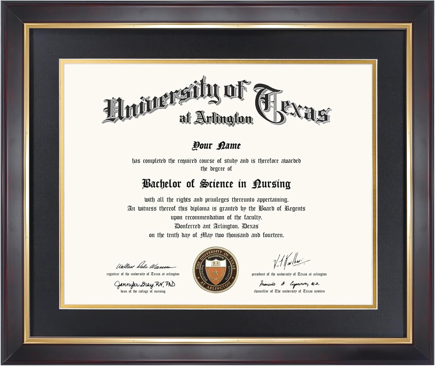 11x14 Wood Diploma Frame with Black Mat and Gold Trim Design