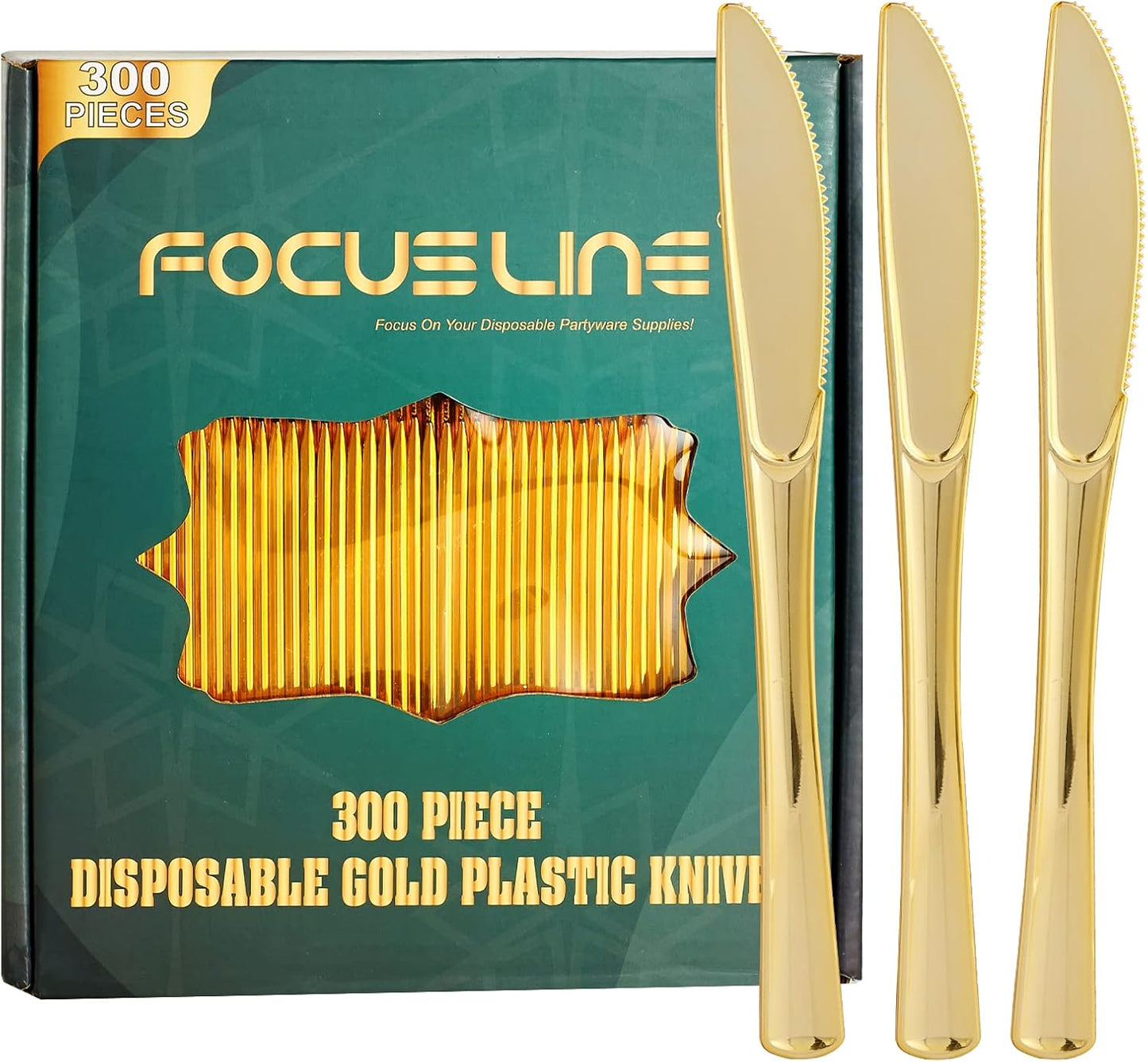 FOCUSLINE 300 Pack Disposable Gold Plastic Knives for Events