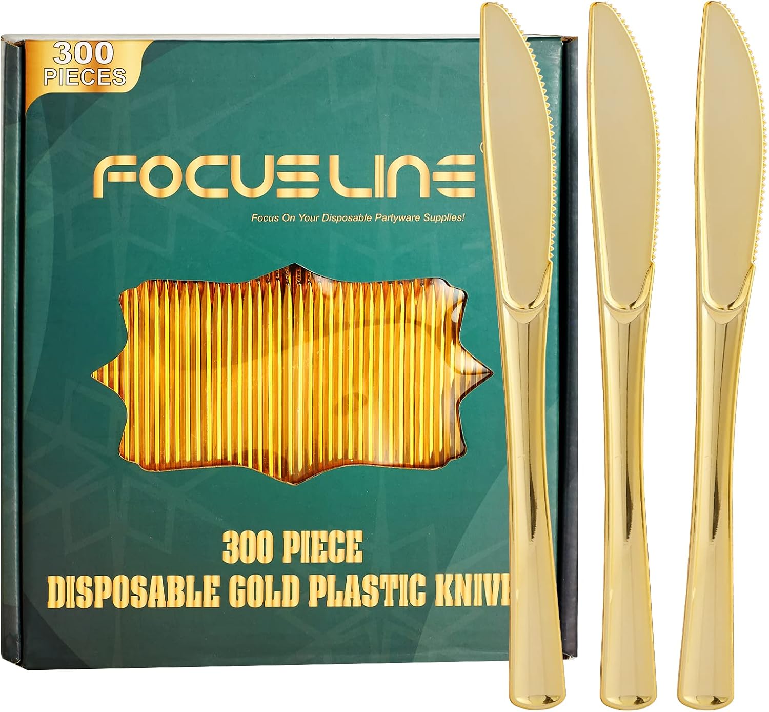 FOCUSLINE 300 Pack Disposable Gold Plastic Knives for Events