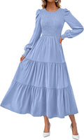 Long Sleeve Maxi Dress for Wedding Guests - Flowy Smocked A Line