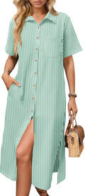 Womens Summer Linen Shirt Dress Midi Button Down - Comfortable Beach