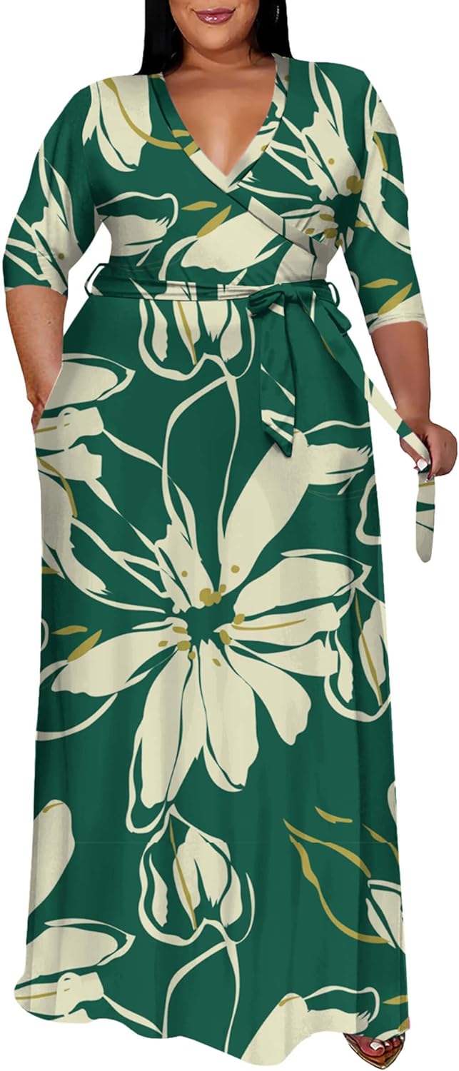 Runwind Plus Size Dress for Women - Elegant V Neck Maxi Style