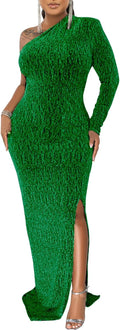 Women's Sparkly One Shoulder Long Sleeve High Split Evening Dress