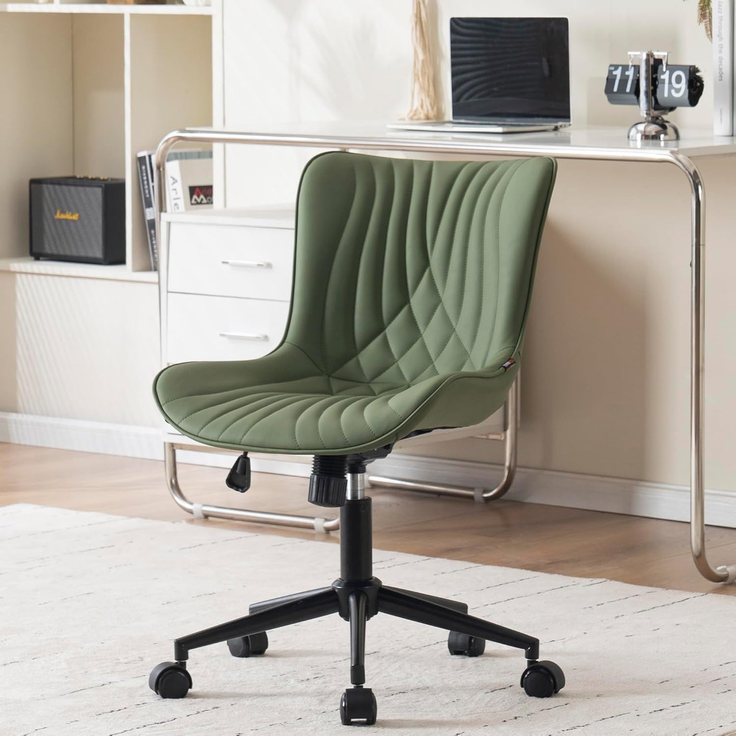 YOUNIKE Armless Desk Chair, Modern PU Leather, Dark Green