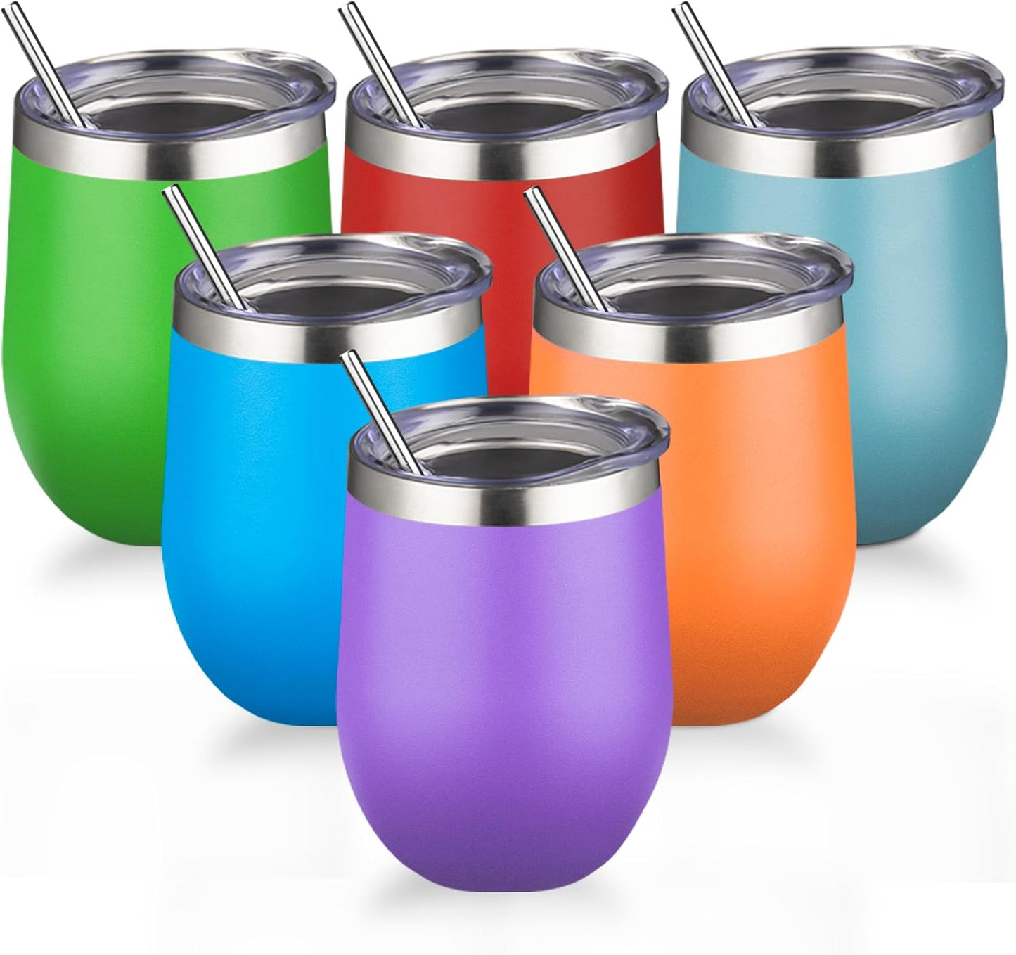 12oz Stainless Steel Wine Tumblers with Lids and Straws - 6 Pack