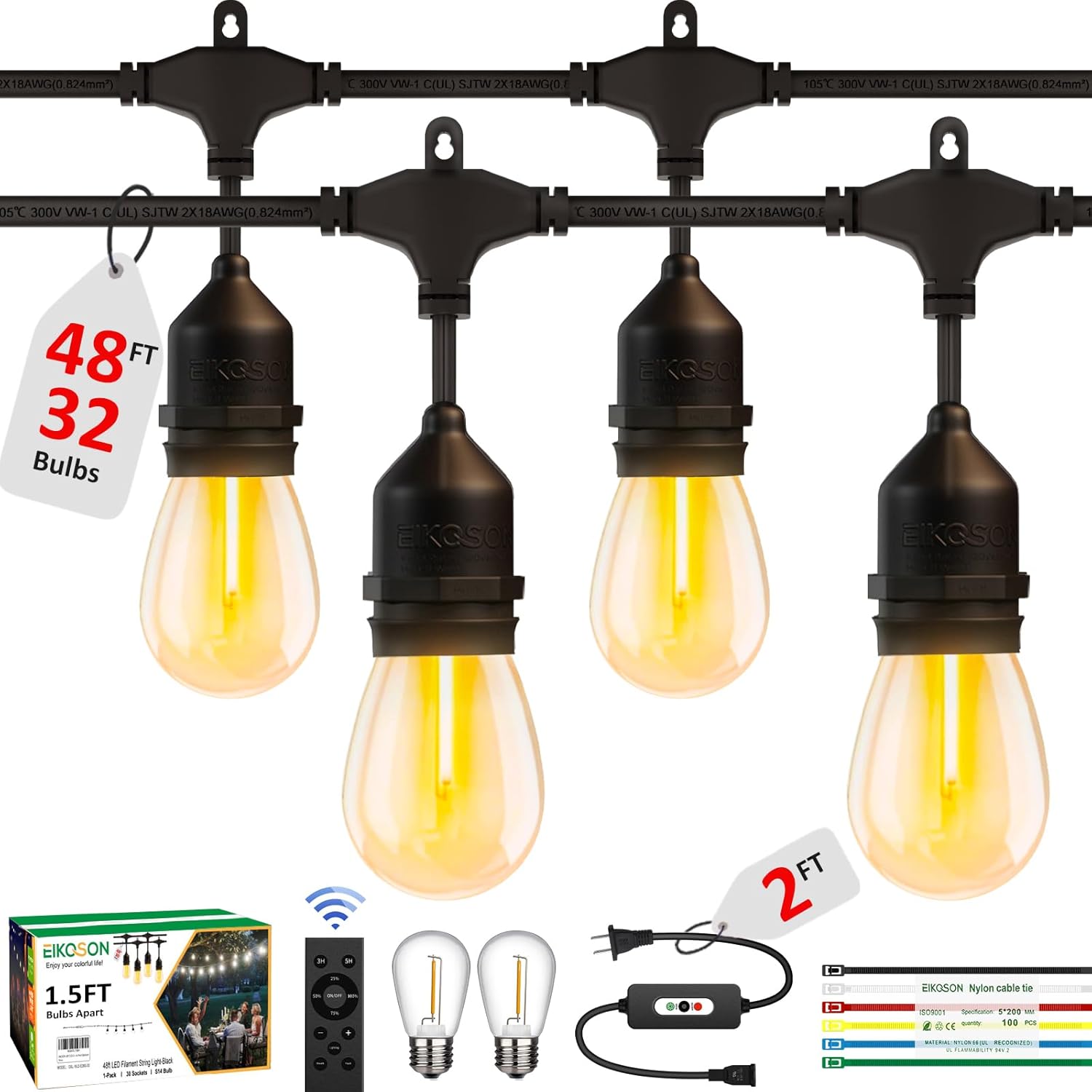 50FT Outdoor String Lights Waterproof with Remote & Dimmer