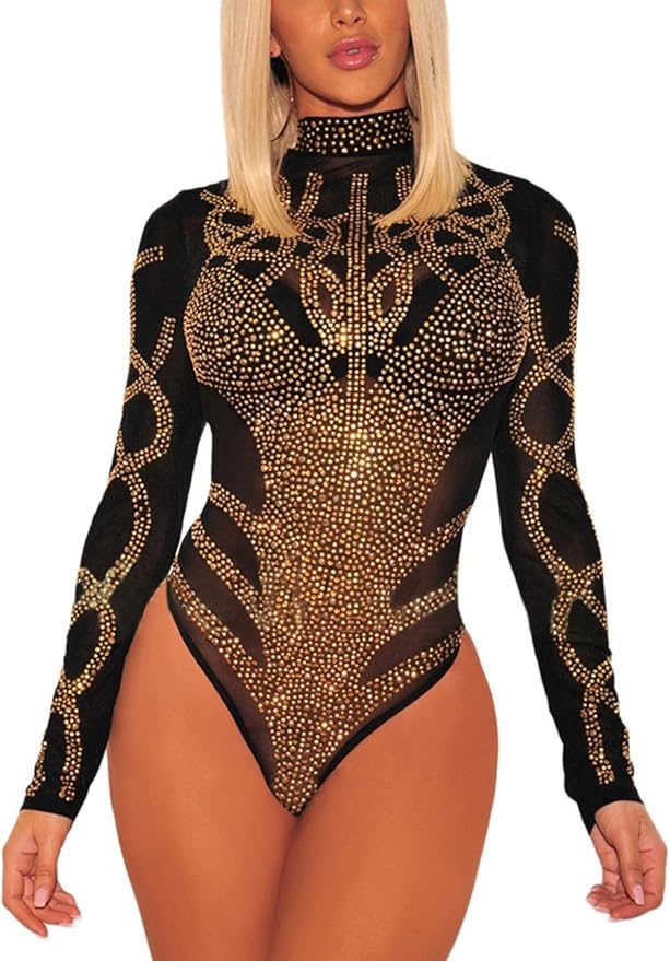 SEBOWEL Women Long Sleeves Mesh See Through Jumpsuit Bodysuit