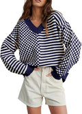 Striped Checkered V Neck Sweater for Women - Cozy Fall Pullover
