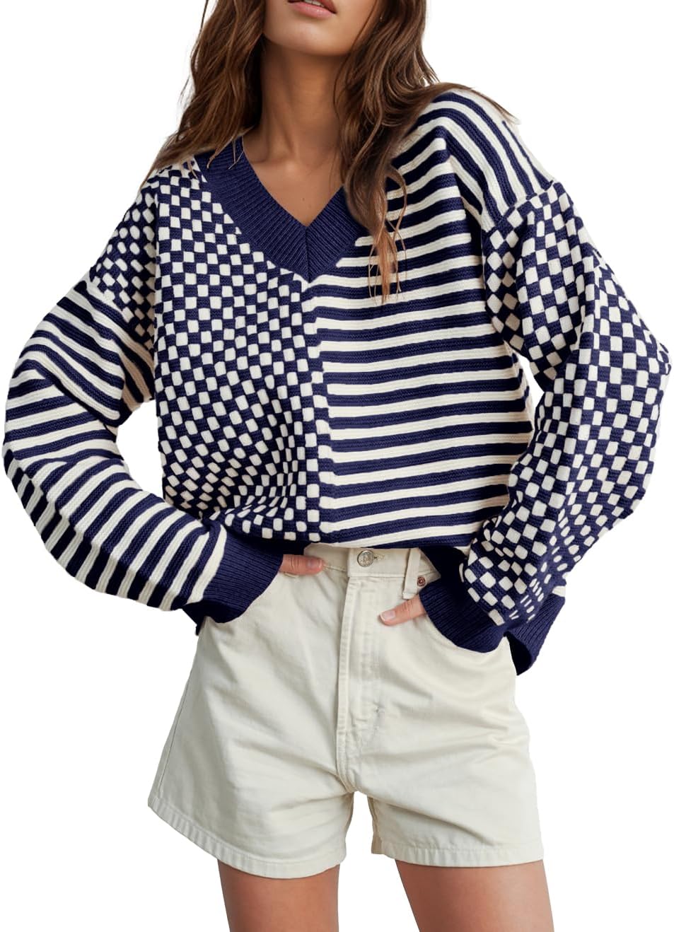 UNCLECAT Women's Striped Checkered Sweater for Casual Style