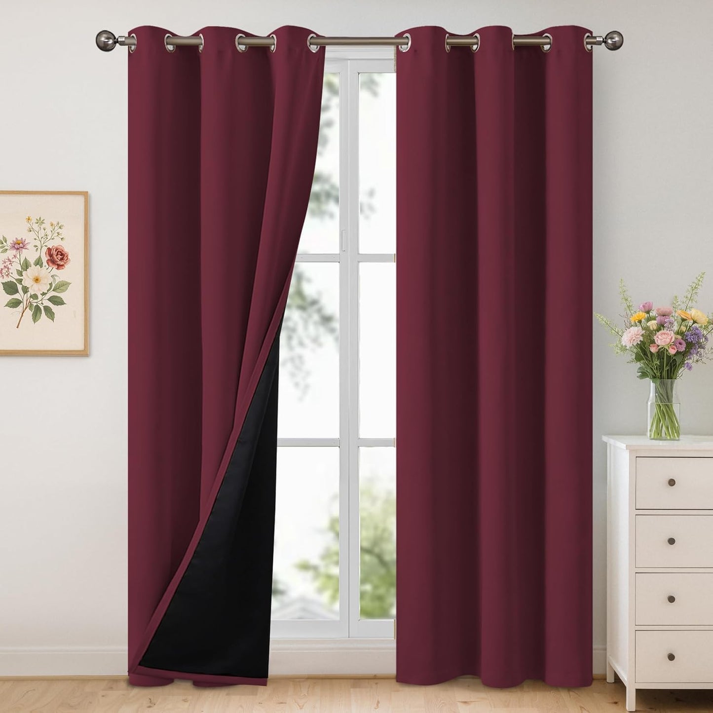 Burgundy 100% Blackout Curtains for Bedroom and Living Room