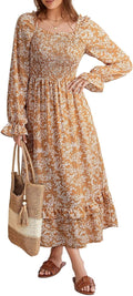 Boho Dresses for Women Square Neck Smocked Waist Maxi Dress - 2025