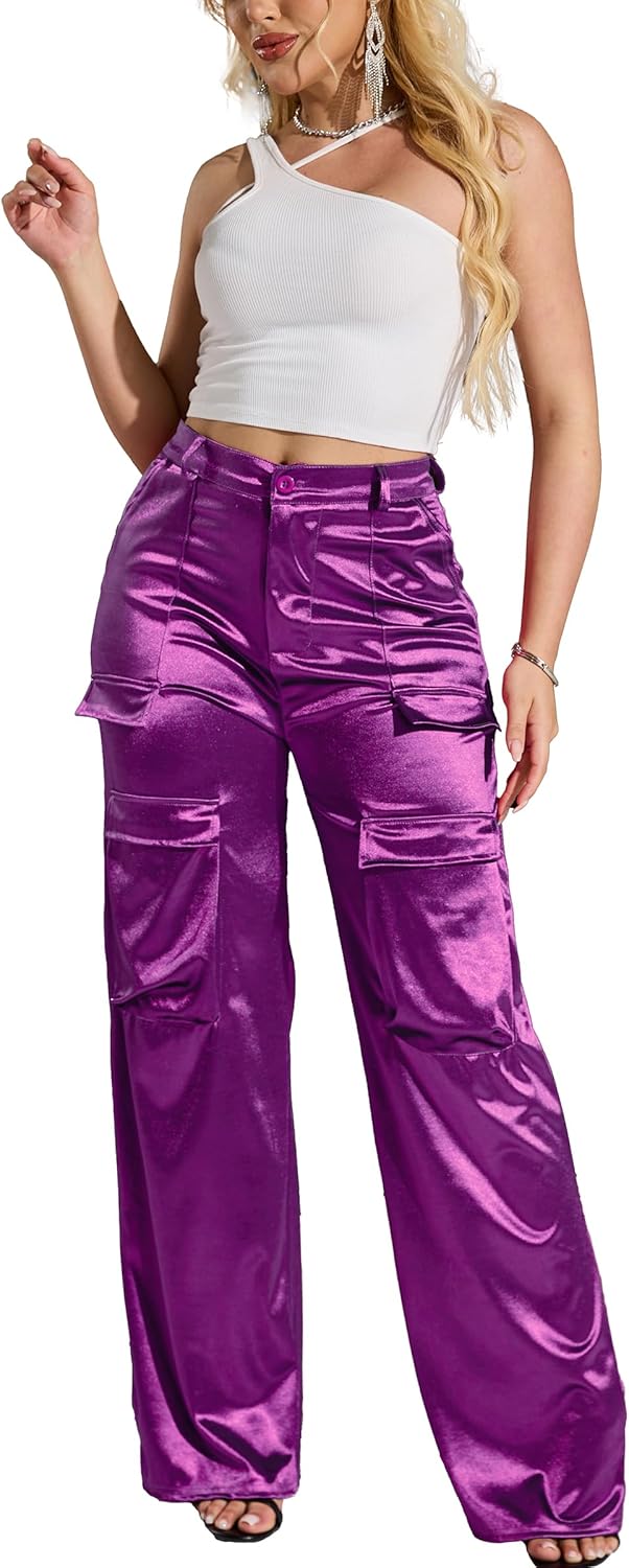 Womens High Waisted Satin Cargo Pants for Trendy Outfits