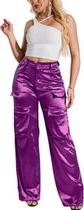 Womens High Waisted Satin Cargo Pants Loose Fit Wide Leg (Style GT4X)