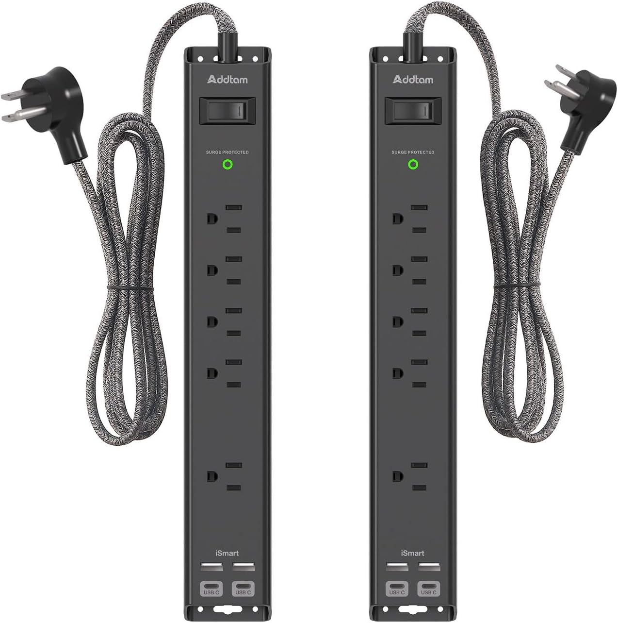 Addtam Power Strip Surge - 2 Pack | 5 Outlets 4 USB Ports | Desk Charging Station