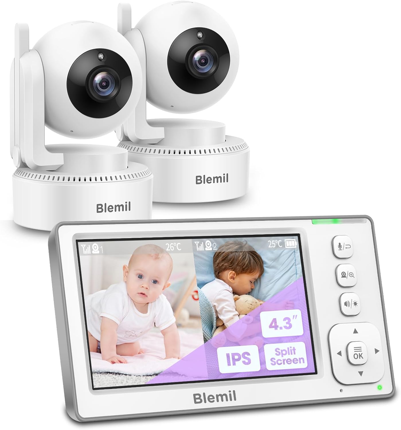 Blemil Baby Monitor with 2 Cameras and 4.3ft' Split-Screen Display