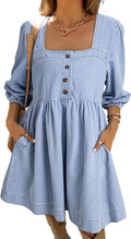 Sidefeel Women's Denim Dress 3/4 Sleeve Square Neck - Casual Chic