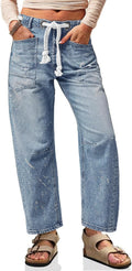 Cicy Bell Womens Baggy Barrel Horseshoe Jeans Wide Leg Drawstring easy