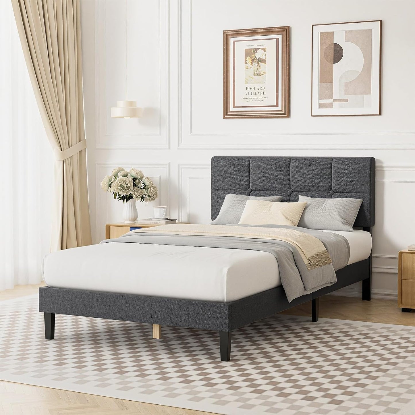 Sweetcrispy Twin Size Wood Bed Frame with Adjustable Headboard