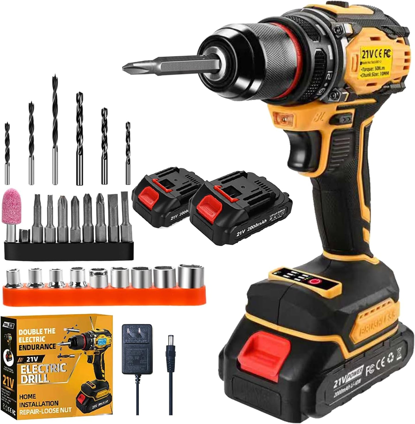 21V Cordless Power Drill Set with LED Light and 28-Piece Kit