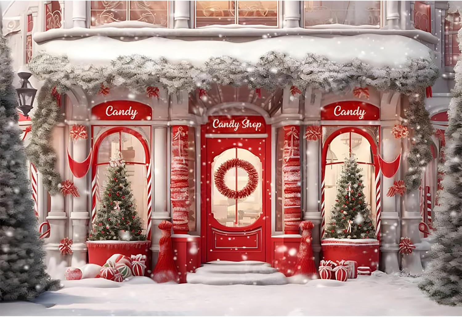 10x8ft Red Christmas Candy Shop Photo Backdrop for Events