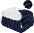 King Size Navy Blue Striped Sherpa Fleece Blanket - Super Soft Plush