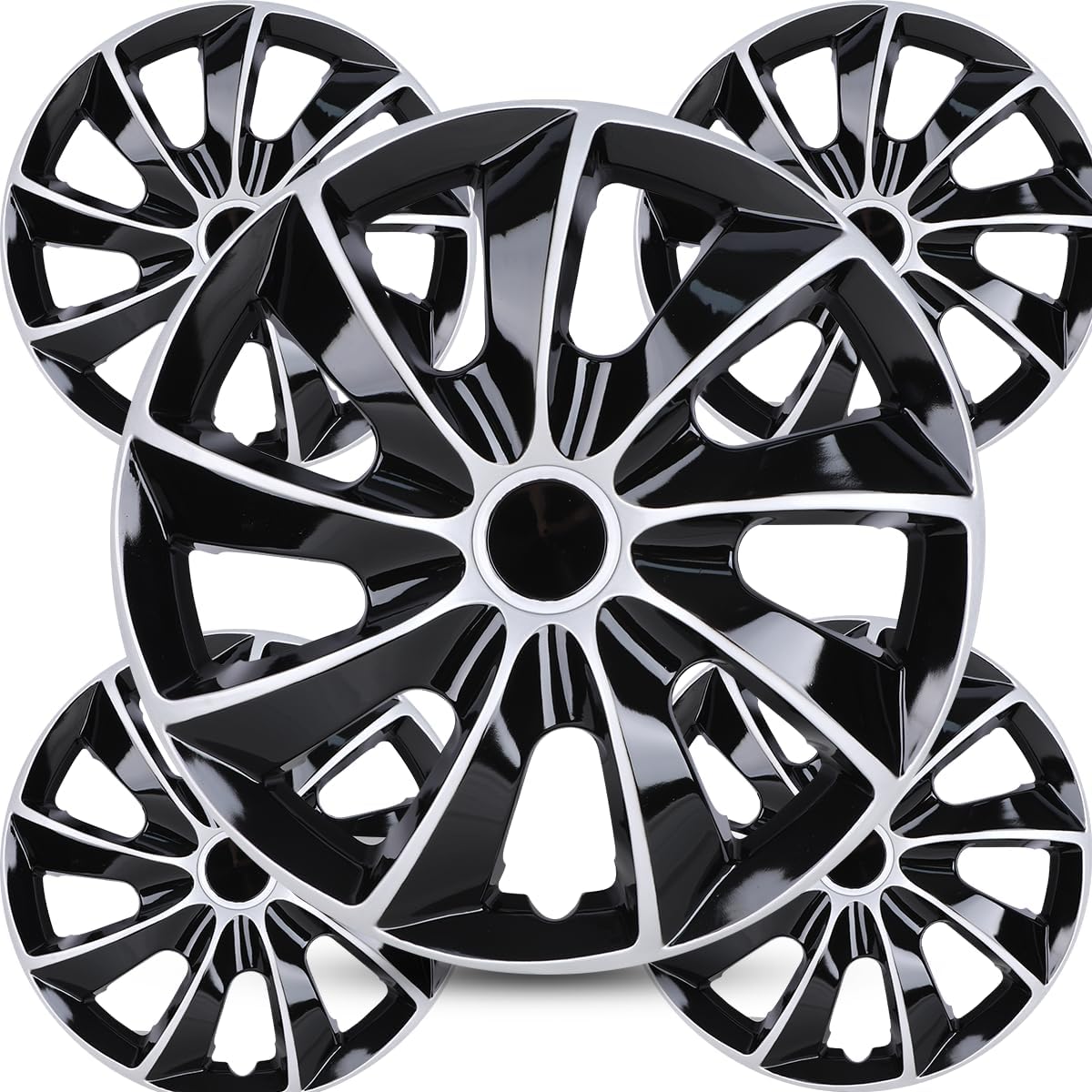 Winjet 15 Inch Premium Silver & Black Lacquer Hubcaps Set