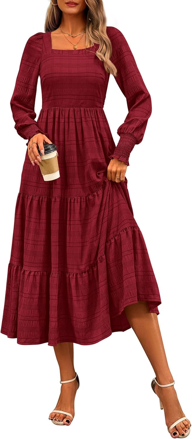 CFLONGE Women's Fall Dresses 2025 Puff Long Sleeve Maxi Dress