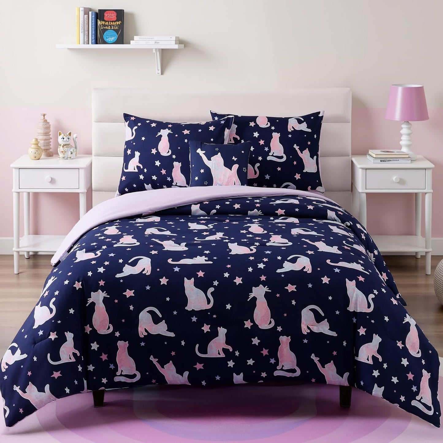 Full Size Comforter Set for Girls with Adorable Cat Patterns