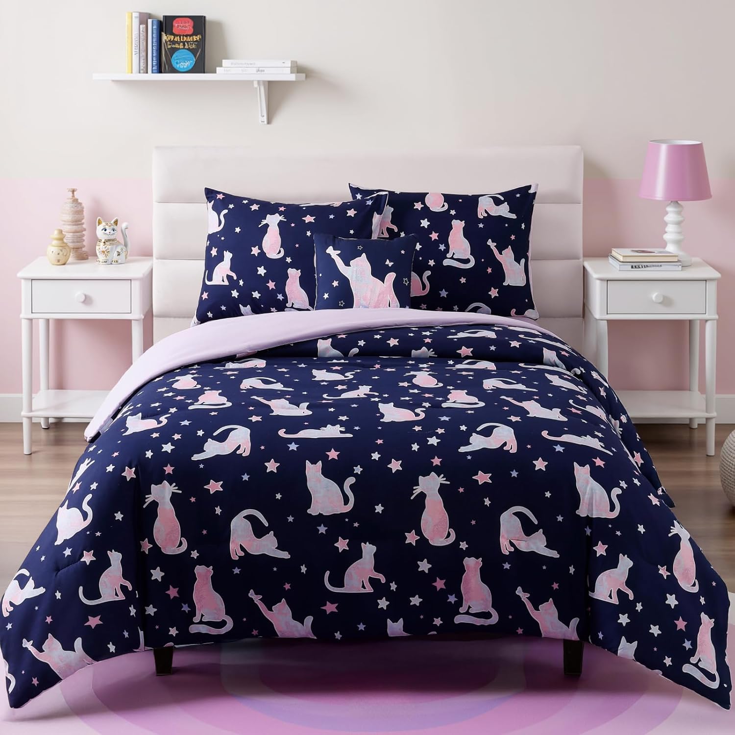 Full Size Comforter Set for Girls with Adorable Cat Patterns