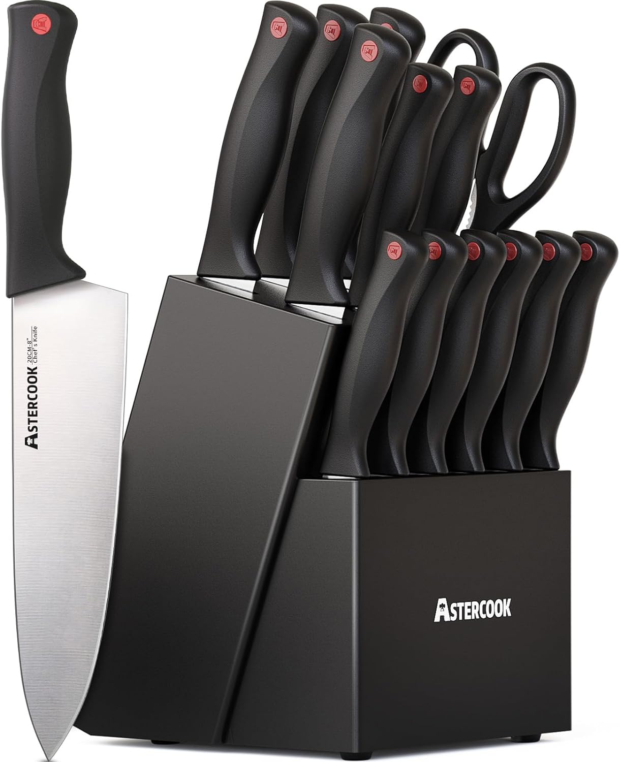 Astercook 15 Piece Kitchen Knife Set with Built-in Sharpener