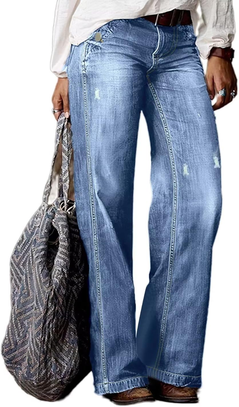 Flamingals Straight Leg Jeans for Women with Ripped Hem Style