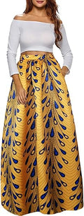 Afibi Women African Printed Maxi Skirt Flared A Line Long Skirts